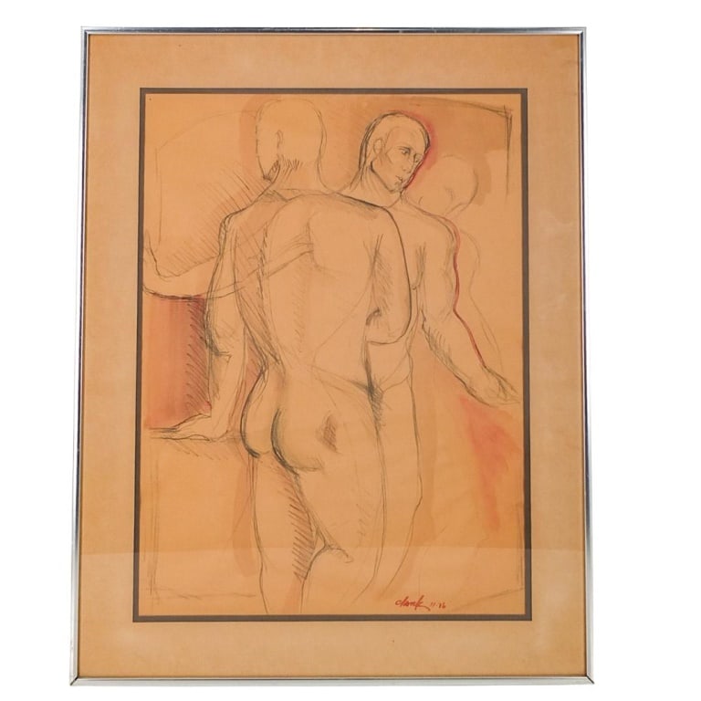 Clark (20th Century): Clark (20th Century) Gouache on Paper "Male Study" Signed and Dated 1976. Sight measures 22-1/4" x 16-1/4". Frame measures 28-1/4" x 22-1/4". Condition: Toning to the paper. Estimate 100 - 300 Domesti
