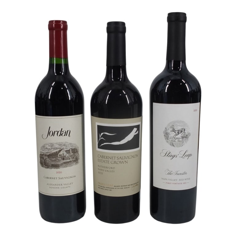 (3) Mixed Bottles California Red & Cabernet: (1) Stag's Leap 2020 The Investor Napa Valley Red Wine, 750ml bottle. (1) Jordan 2020 Alexander Valley, Sonoma County Cabernet Sauvignon, 750ml. (1) Frog's Leap 2021 Rutherford, Napa Valley Cabernet S
