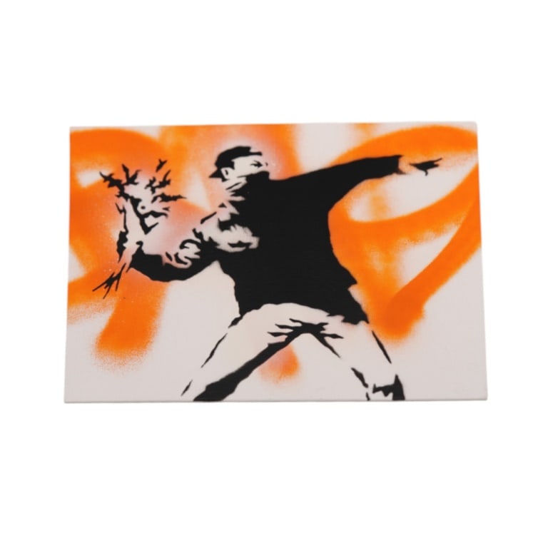 Attr To Banksy, Spray Paint/Canvasboard Dismaland: Attributed to: Banksy, UK (b. 1974) Spray Paint on Canvasboard "Dismaland" with 2015 COA. "Ticket" affixed to verso. Measures 10" x 8". A piece listed as "attributed to" a particular artist has not be