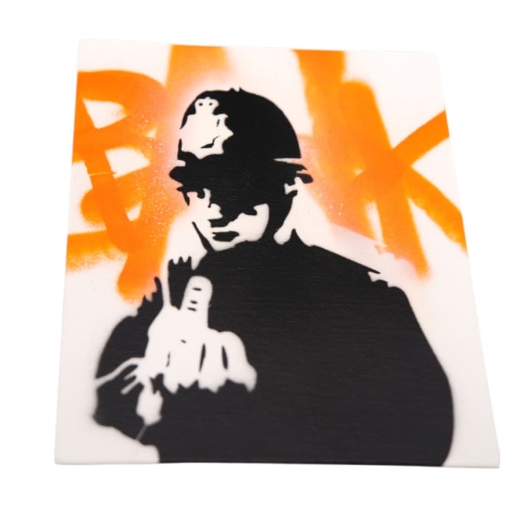 Attr To Banksy, Spray Paint/Canvasboard Dismaland: Attributed to: Banksy, UK (b. 1974) Spray Paint on Canvasboard "Dismaland" with 2015 COA. "Ticket" affixed to verso. Measures 10" x 8". Condition: Good condition. Estimate 200 - 400 Domestic shipping