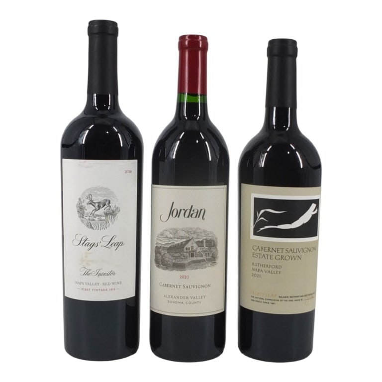(3) Mixed Bottles California Red & Cabernet: (1) Stag's Leap 2020 The Investor, Napa Valley Red Wine, 750ml bottle. (1) Jordan 2020 Alexander Valley, Sonoma County Cabernet Sauvignon, 750ml. (1) Frog's Leap 2021 Rutherford, Napa Valley Cabernet