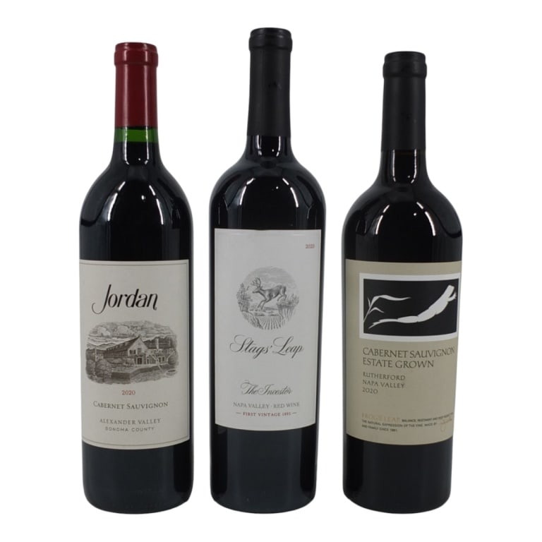 (3) Mixed Bottles California Red & Cabernet: (1) Stag's Leap 2020 The Investor, Napa Valley Red Wine, 750ml bottle. (1) Jordan 2020 Alexander Valley, Sonoma County Cabernet Sauvignon, 750ml. (1) Frog's Leap 2021 Rutherford, Napa Valley Cabernet