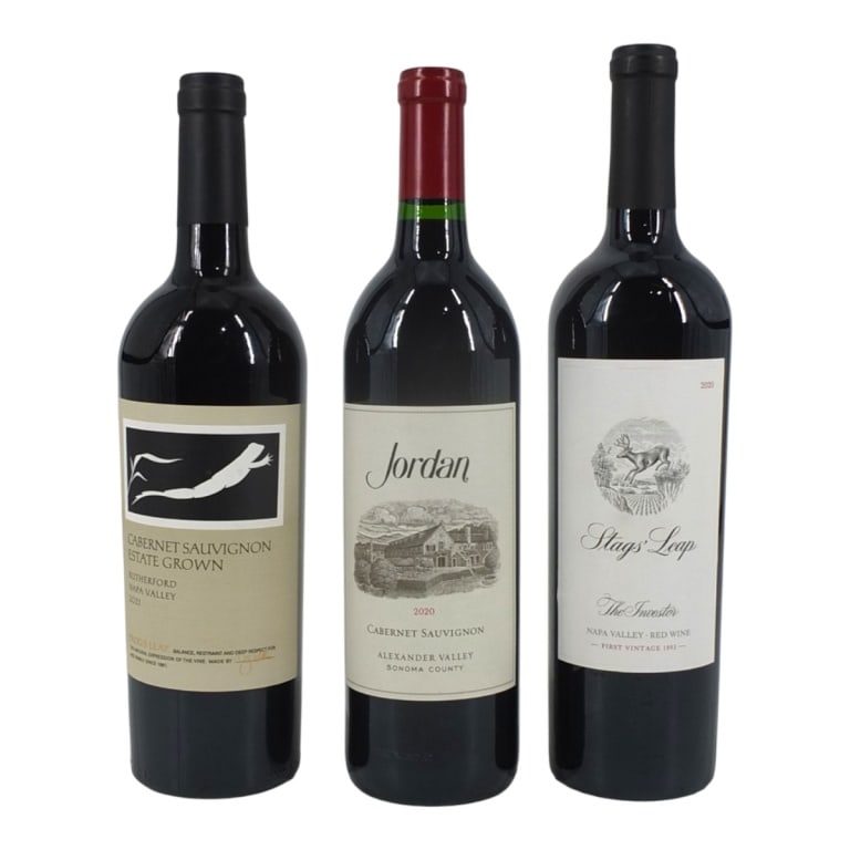 (3) Mixed Bottles California Cabernet Sauvignon: (1) Stag's Leap 2020 The Investor, Napa Valley Red Wine, 750ml bottle. (1) Jordan 2020 Alexander Valley, Sonoma County Cabernet Sauvignon, 750ml. (1) Frog's Leap 2021 Rutherford, Napa Valley Cabernet