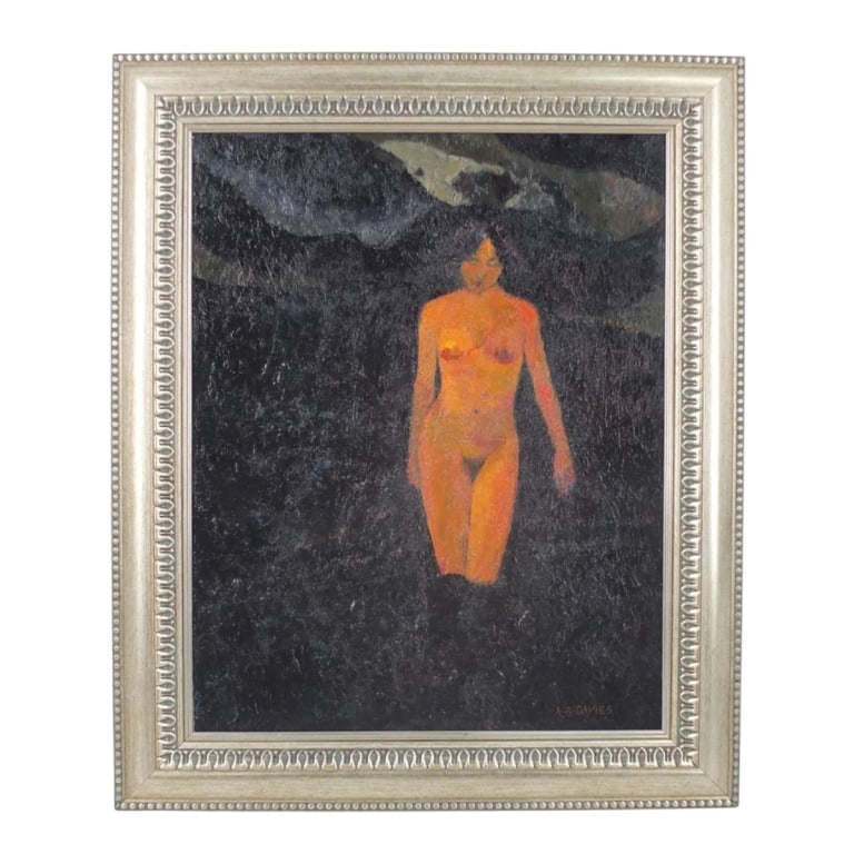 Attributed to: Arthur Bowen Davies Oil "Nude": Attributed to: Arthur Bowen Davies, American (1862 - 1928) oil on board "Portrait of a Nude" signed lower right. Measures 20" x 15-1/2". Frame measures 24-1/4" x 20-1/8". A piece listed as "attributed