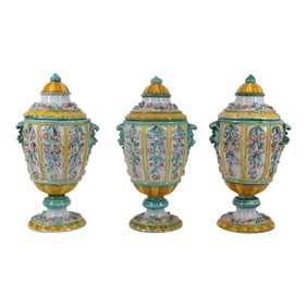 Grouping of Italian Majolica covered urns