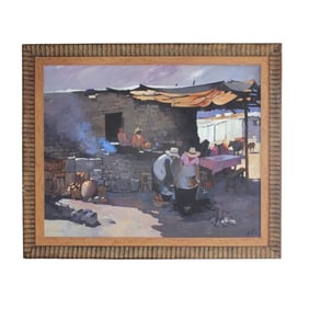 Large Latin Oil/Canvas "Cocinar al Aire Libre"