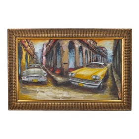 Cuban School Oil/Canvas "Back Streets w/Cars"