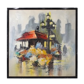 Mid-Century French Oil on Canvas "Flower Vendor"