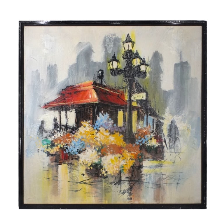 Mid-Century French Oil on Canvas "Flower Vendor" (1 of 5)