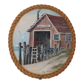 Ben Cannon Oil on Canvas "Boat House" Rope Frame