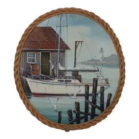 Ben Cannon Oil on Canvas "Boat House" Rope Frame