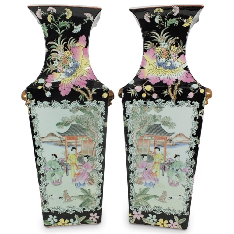 Pair of Large Chinese Porcelain Vases: Pair of Large Chinese Famille Noir Porcelain Vases with Mock Foo Dog Handles. Signed. Measures 24-3/8" x 11" x 8-5/8". Condition: Both vases are in good condition. Estimate 150 - 350 Domestic shipping