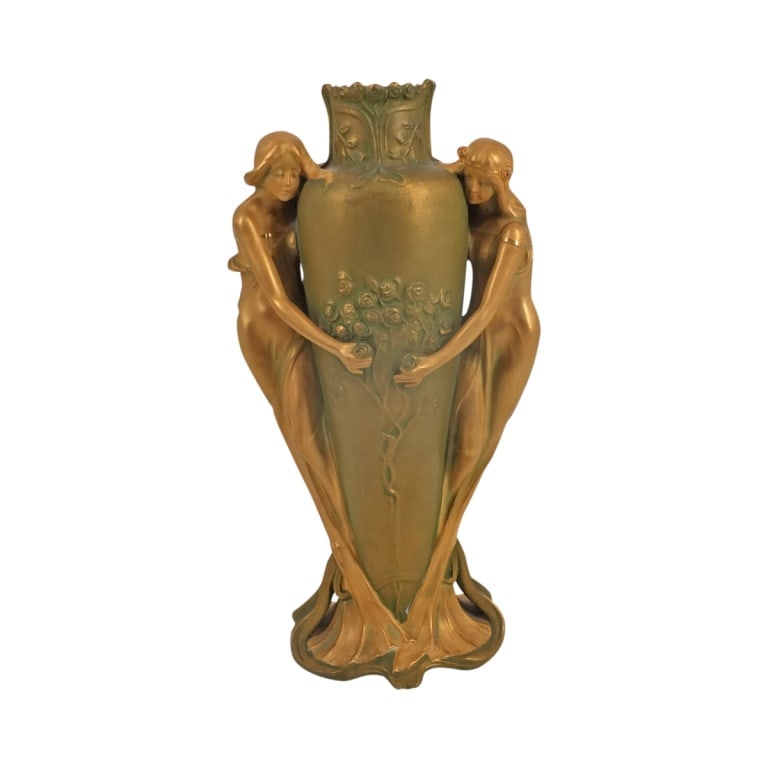 Ernst Wahliss Turn Amphora Figural Vase: Ernst Wahliss (1836 - 1900) Art Nouveau Turn-Tepliz Amphora Figural Porcelain Vase. Marked Turn EW Austria mark, impressed 4872. Measures 12-1/4" H. Condition: Good condition with minor light wear con