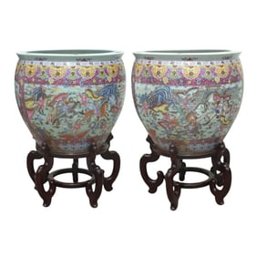 Pair Chinese Export Rose Medallion Jardinieres