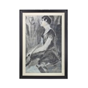 LARGE Charcoal Drawing "Seated Woman" Signed