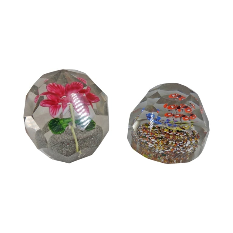 2 Vintage Czech Bohemian Faceted Glass Paperweight: 2 Vintage Czech Bohemian Faceted Glass Paperweights. Unsigned. Pink flower measures 4", the butterflies measure 2-3/4". Condition: Both with small fleabite chips or in good condition consistent with a
