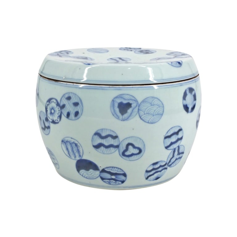 Chinese Blue & White Porcelain Lidded Pot: Chinese Blue & White Porcelain Lidded Pot. Unsigned. Measures 6-5/8" H x 9" W. Condition: Good condition. Estimate 100 - 200 Domestic shipping Third Party