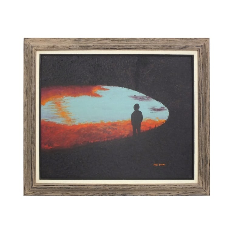 Paul Evans Oil/Canvas Board "Contemplation": Paul Evans Mid-Century Oil on Canvas Board "Contemplation". Signed lower right. Measures 16" x 20", frame measures 20-1/2" x 24-1/2". Condition: Good condition. Estimate 100 - 300 Domestic shipping Th