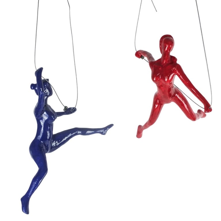 Jeffrey Kennedy, American (20th Century): Jeffrey Kennedy, American (20th Century) Fiber Glass and Metal "Aerialist" Signed on Each Figures. Red figure measure 9-3/4" x 7" x 6". Blue figure measures 8-1/2" x 6 x 12". Condition: Good condition