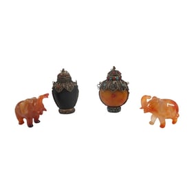 2 Carnelian Elephants, 2 Tibetan Snuff Bottles