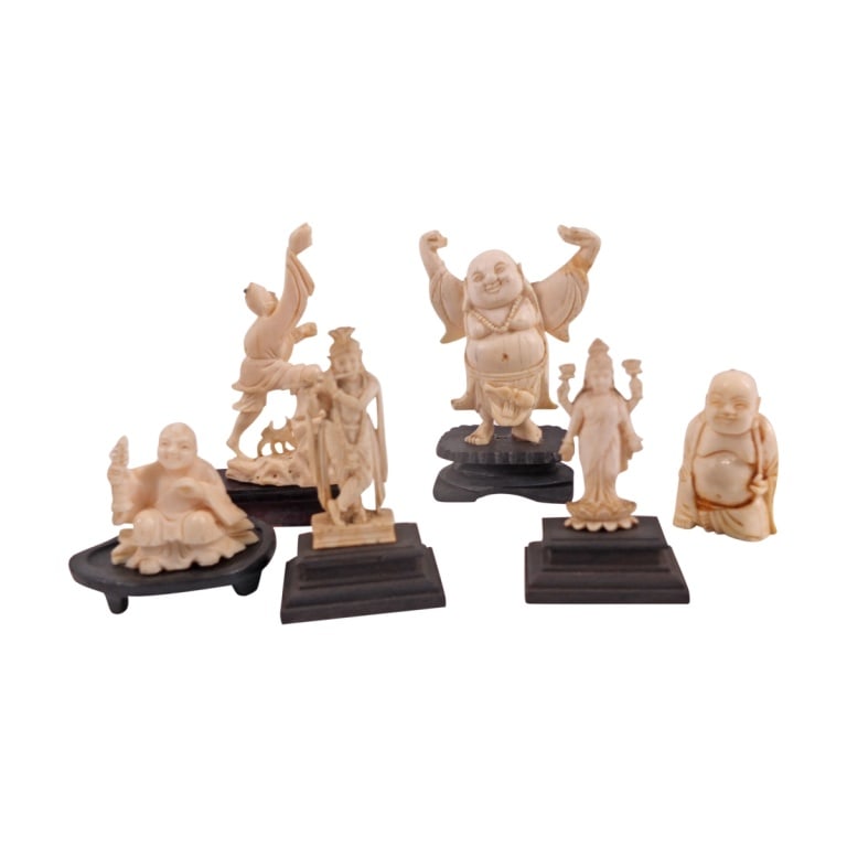 Collection of 6 Asian Carved Immortal Figures: Collection of 6 Asian Carved Immortal Figures. Unsigned. The largest measures 3-3/4" H including base. Please note; this lot contains material which may be subject to state or import/export restrictio