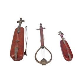 3 Miniature Silver & Burl Wood String Instruments