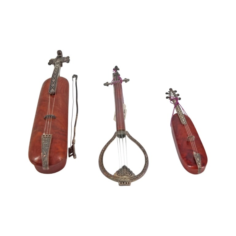 3 Miniature Silver & Burl Wood String Instruments (1 of 4)