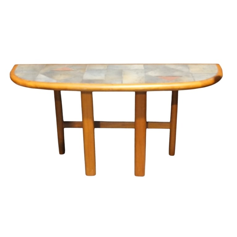 Mnnr of Paul Kingma Console Table: Manner of Paul Kingma postmodern console table. Micro mosaic slate top. Measures 28-3/4" x 54-1/4" x 17-1/4". Condition: Some scuffs to the surface and rubbing. Estimate 50 - 150 Domestic shipping Thi