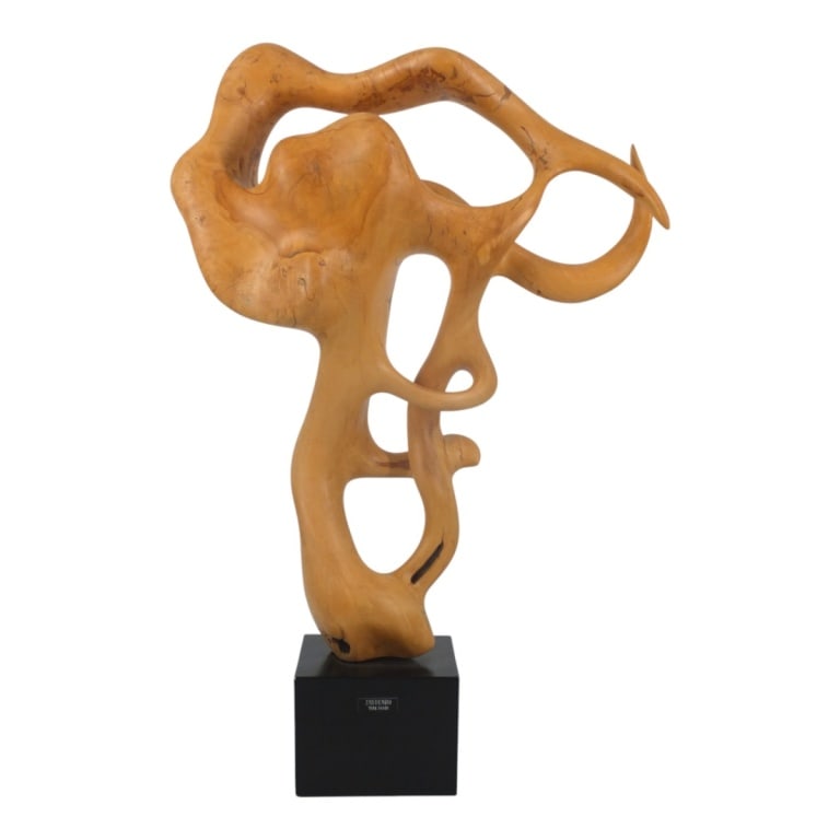 Tere Savin "Innuendo" Polished Wood Sculpture: Tere Savin "Innuendo", large polished wood sculpture on a heavy cast plinth. Excellent condition. Measures 19" x 7" x 29". Estimate 300 - 500 Domestic shipping Third Party