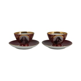 Pair Antique Porcelain Portrait Tea Cup & Saucers