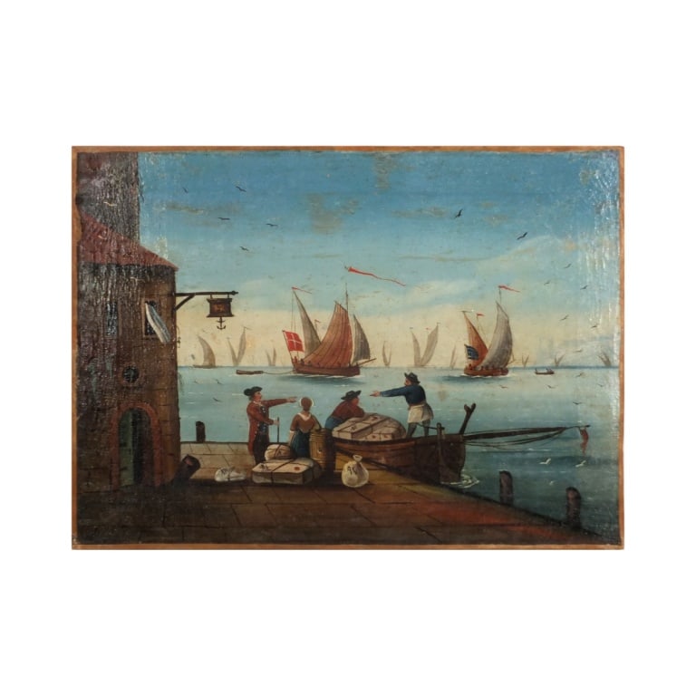 British Primitive School Oil/Canvas "Busy Harbor" (1 of 6)