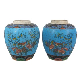 Pair Vintage Japan Cloisonne-Pottery Ginger Jars