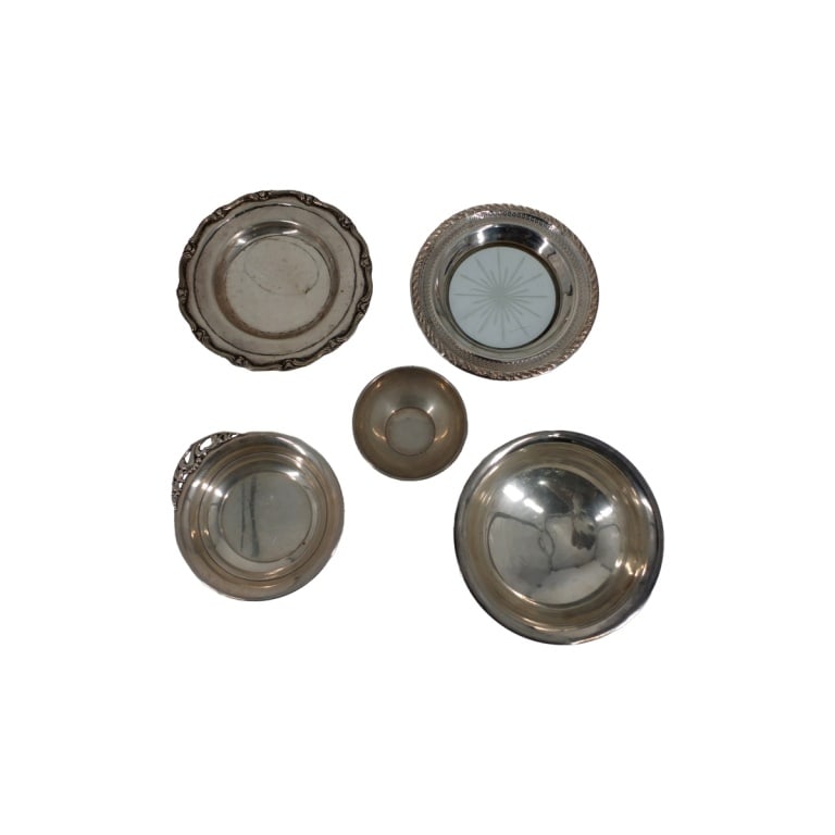 Collection of 5 Sterling Bowls & Plates: Collection of 5 Sterling Bowls & Plates. 1 coaster with glass insert. Various makers. Signed. Bowl with ball feet measures 2-1/2" H x 6-1/4". Total weight for lot approx. 624 grams. Condition: Good co