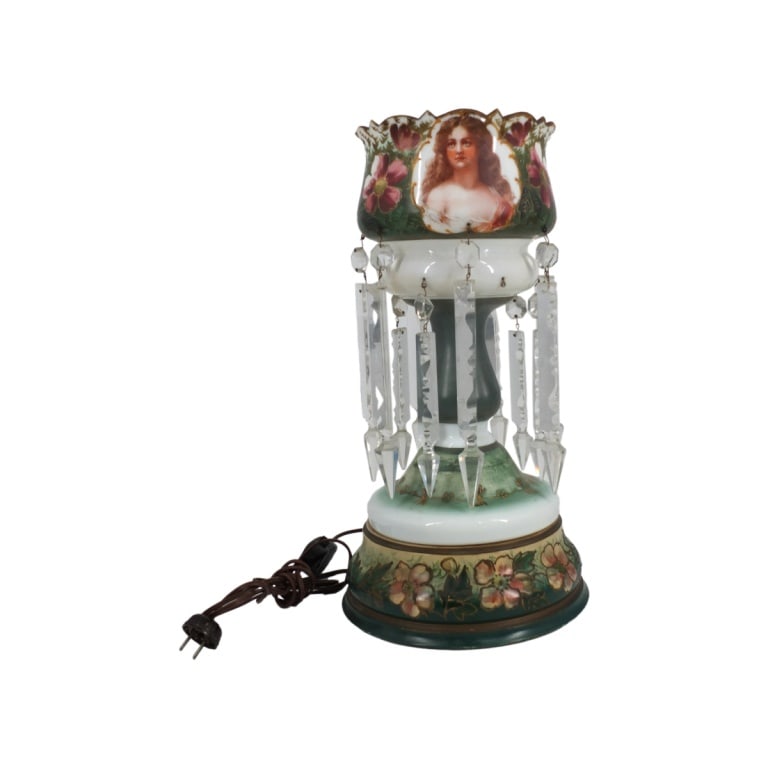 Victorian Hand Painted Glass Luster with Prisms: Victorian Hand Painted Glass Luster with Prisms as a Lamp. The electrified luster resting atop a matching painted base. Unsigned. Measures 16-3/4" H x 9" W. Condition: 2 prisms missing, typical light