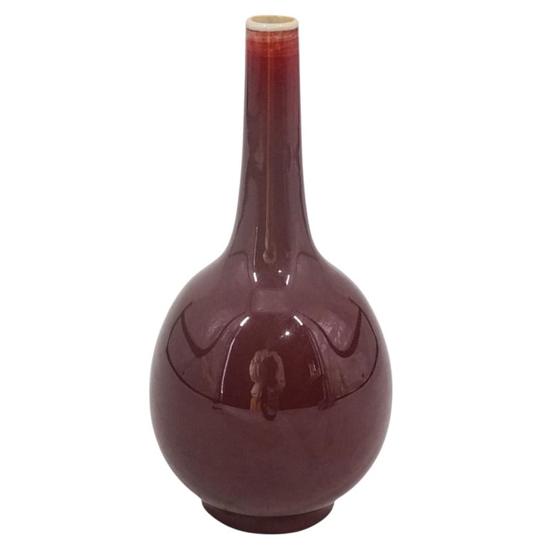 Antique Chinese Sang De Bouf / Oxblood Vase: Chinese Sang De Bouf / Oxblood Porcelain Long Neck Vase. Unsigned. Measures 8" x 3-3/4". Condition: Good Condition Estimate 150 - 250 Domestic shipping Third Party