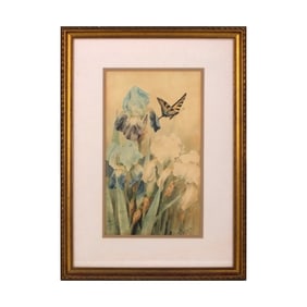 JH Garratt Watercolor "Irises and Butterfly"