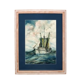 Mid Century Watercolor Fishing Boat Signed Pettit