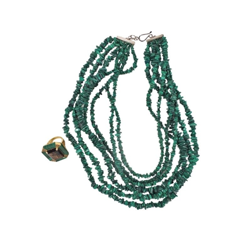 2 Piece Vintage Malachite & Sterling Jewelry Group: 2 Piece Vintage Malachite & Sterling Jewelry Group. Includes a multi 7 strand malachite bead and sterling necklace. Measures 16-1/2" L; Rarities Carol Brodie Gold-Plated Sterling Malachite & Smoky Qua