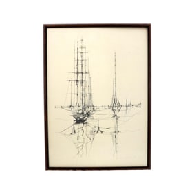 Mid Century Modernist Line Drawing Litho "Boats"