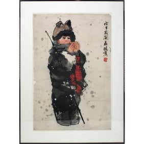 Vintage Chinese Ink & Watercolor "Child in Snow"