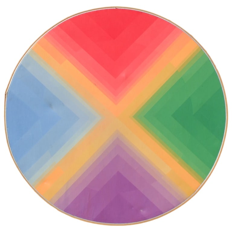 Large Post-Modern Oil on Canvas: Large Post-Modern Oil on Canvas "Sun Rays" After Ilya Bolotowsky (1907 - 1981). Unsigned. Sight measures 48-1/2" diameter. Frame measures 48-3/4" diameter. Condition: Three indention to the canvas no