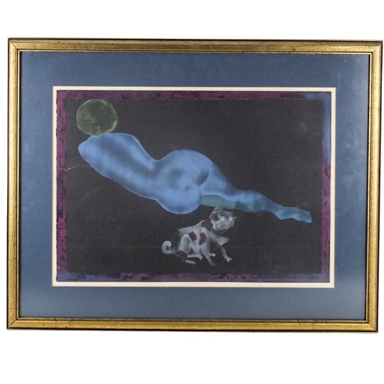 Carlo Guarienti, Italian (1923 - 2023): Carlo Guarienti, Italian (1923 - 2023) Artist Proof Lithograph on Paper "Nude with Dog" Signed in Pencil and Marked P.A. on the Lower Margin. Sight measures 13-1/2" x 19-1/2". Frame measures 21" x 26-