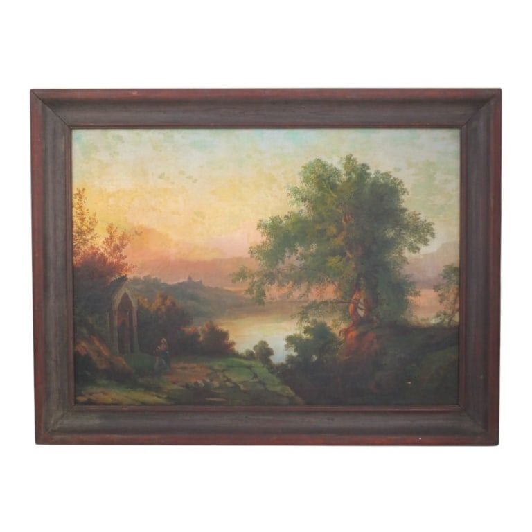 19C Oil on Canvas "House at River Crossing" (1 of 7)