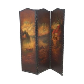 19C Hand Painted 3 Panel Leather Screen