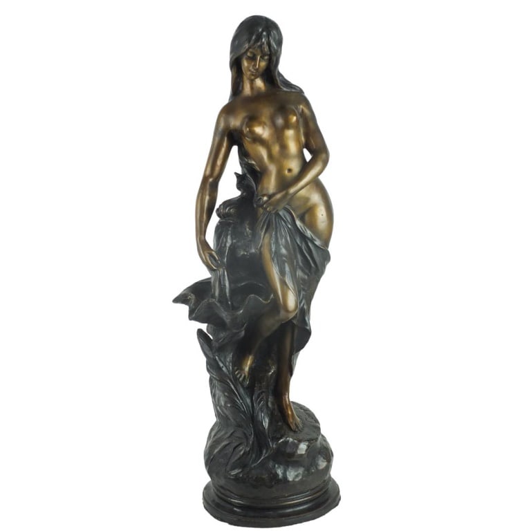 Pierre Etienne Daniel Campagne (1851 - 1914): Pierre Etienne Daniel Campagne (1851 - 1910 or 1914) Bronze Sculpture "Nude Girl by the Well" Signed. Overall measures 28-1/2" x 10". Condition: Good condition. Estimate 400 - 600 Domestic shipping Th