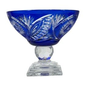 European Cobalt Cut To Clear Crystal Footed Bowl