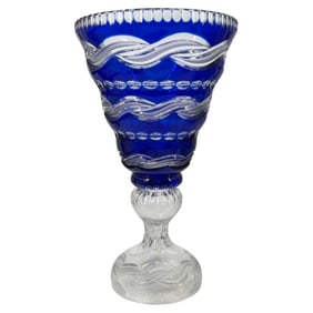 European Cobalt Cut To Clear Crystal Footed Vase