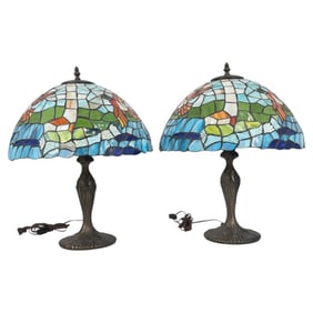 Pair Vintage Leaded Glass Lamps "Ducks"