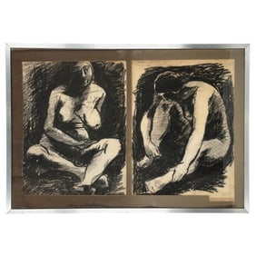 2 Modernist Expressionist Charcoal Drawings, Nudes