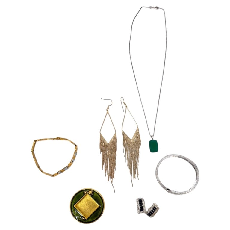 Jay Strongwater Miniature Frame & Fashion Jewelry: Jay Strongwater Miniature Frame & Fashion Jewelry Lot. The frame is signed, the other pieces are unmarked. Sterling silver gem necklace 18" chain, Gold & silver tone bracelet 7", frame 2". Condition: